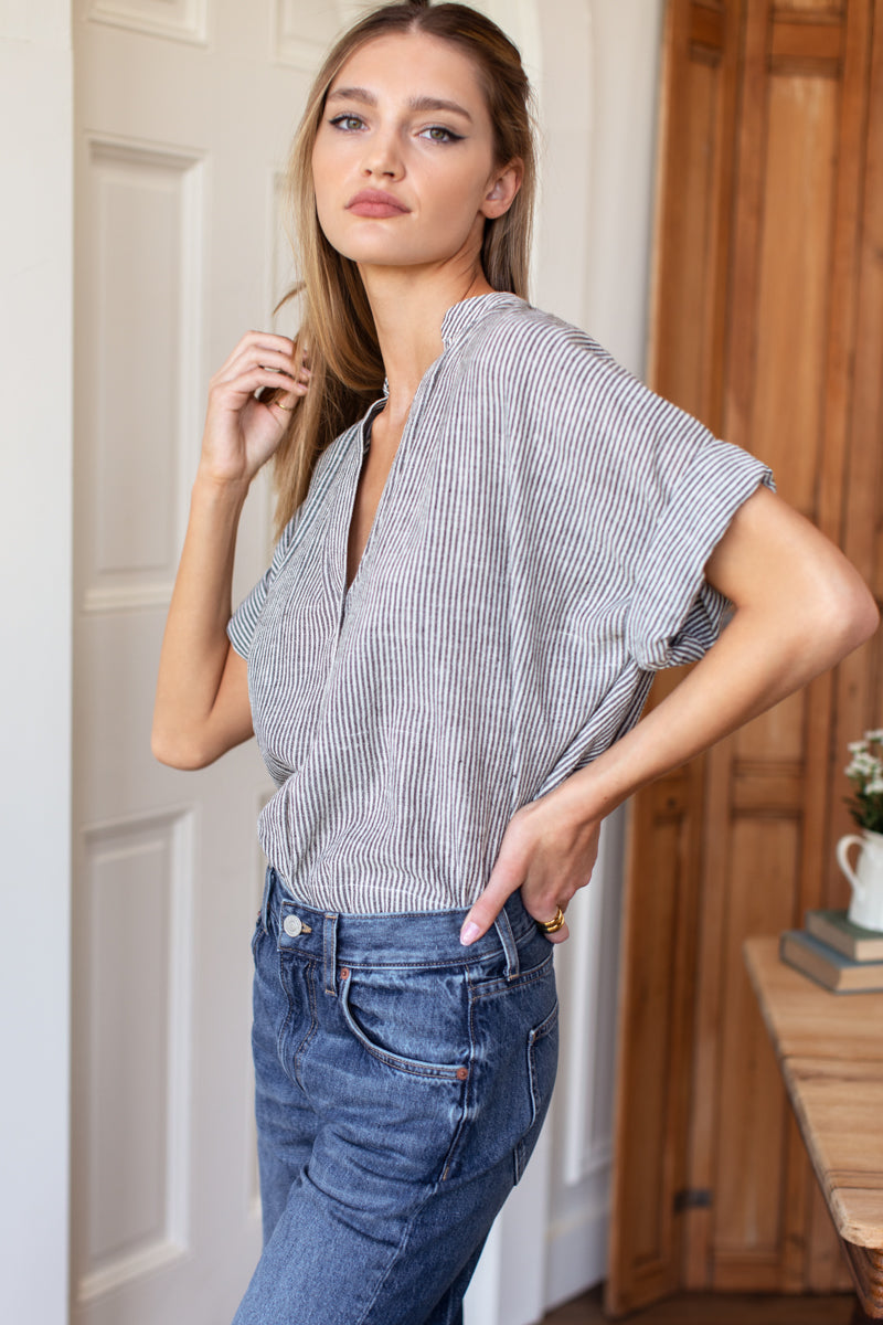 Emerson Fry Mandarin Collar Top | Charcoal Stripe