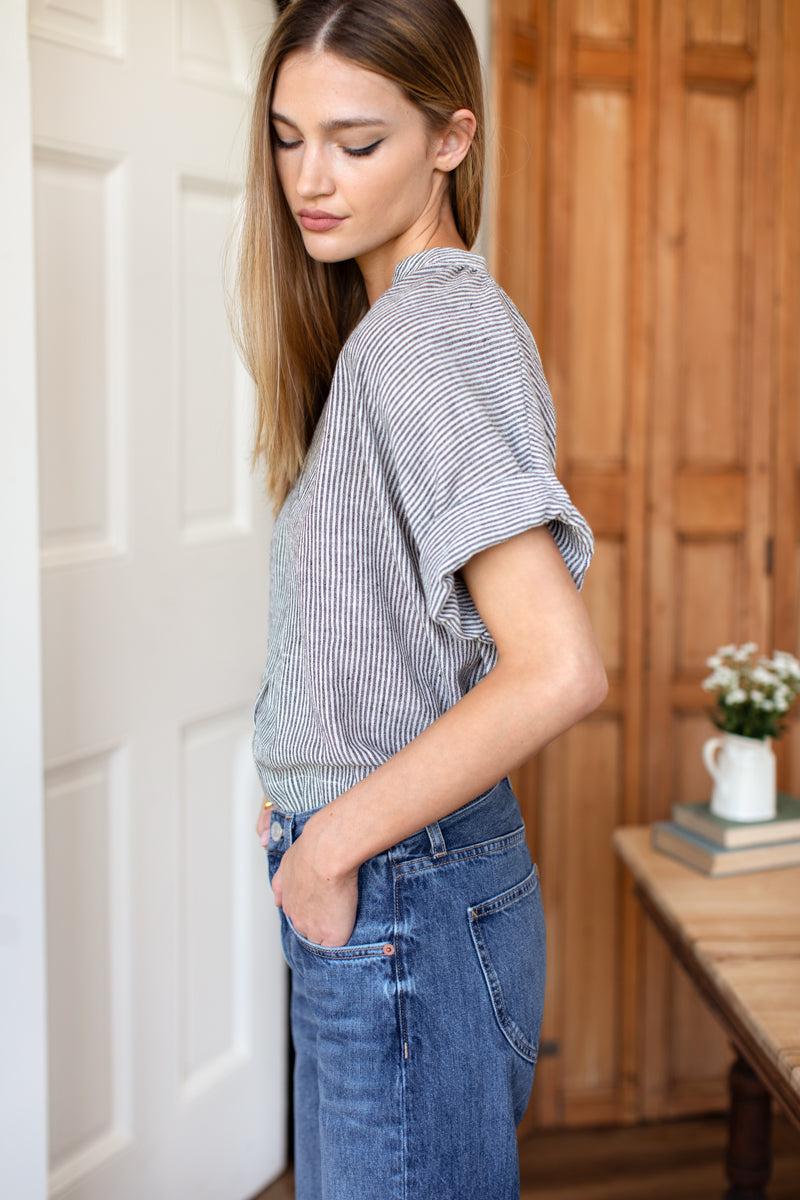 Emerson Fry Mandarin Collar Top | Charcoal Stripe